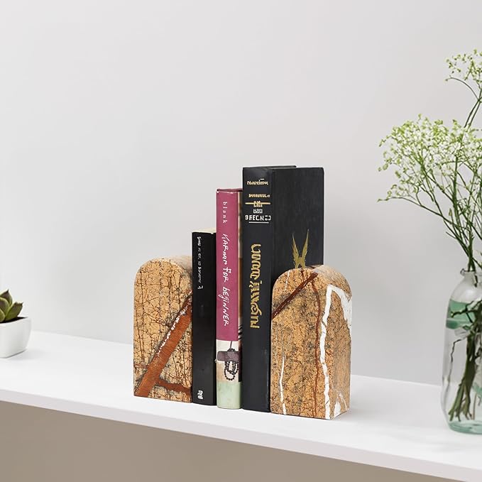 Koville Indian Natural Marble Bookends for Shelves, Decorative Book Ends, 7lbs Heavy-Duty Marble Book Holders, Bookshelf Apartment Decor for Normal Books/CD/Video Games(Rainforest Gold)