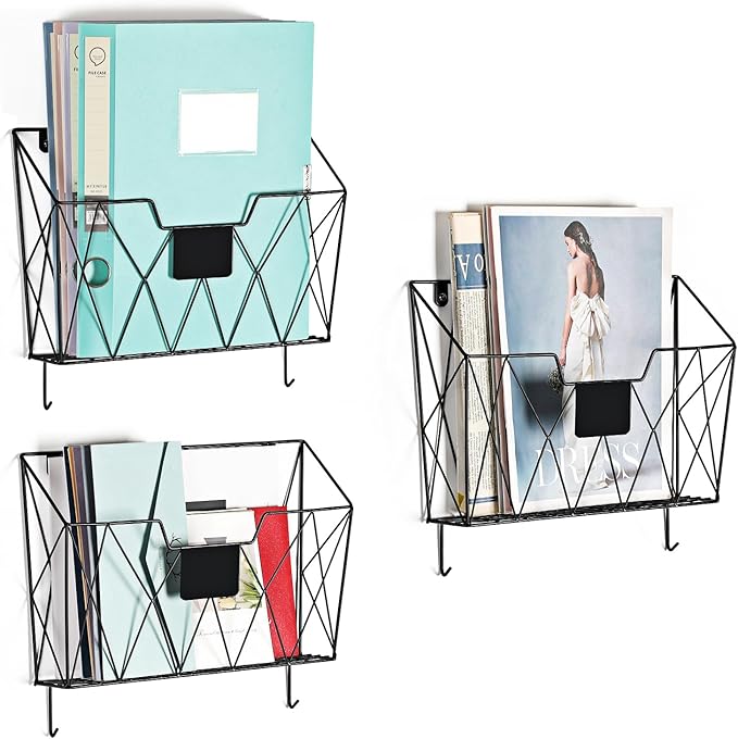 Hanging File Holder Wall File Organizer Holder, 6 Pockets Wall Mount Vertical Magazine Rack with Hooks for Office Home, Black