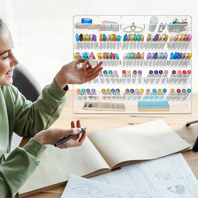 Acrylic Pen Organizer Storage for 300 Markers Vertical Marker Organizer Acrylic Pen Display Holder for Office Desk Desktop Stationery Pencil Storage, Clear, 15 x 4 x 12.4 Inch