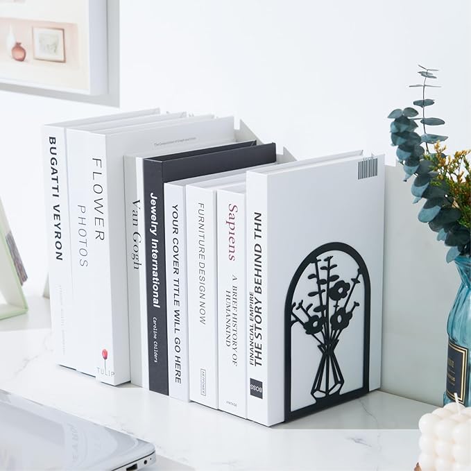3 Pairs Metal Book Ends, Flower Bookends for Shelves Decorative, Book Stopper for Heavy Books, Ends to Hold Books for Home Office