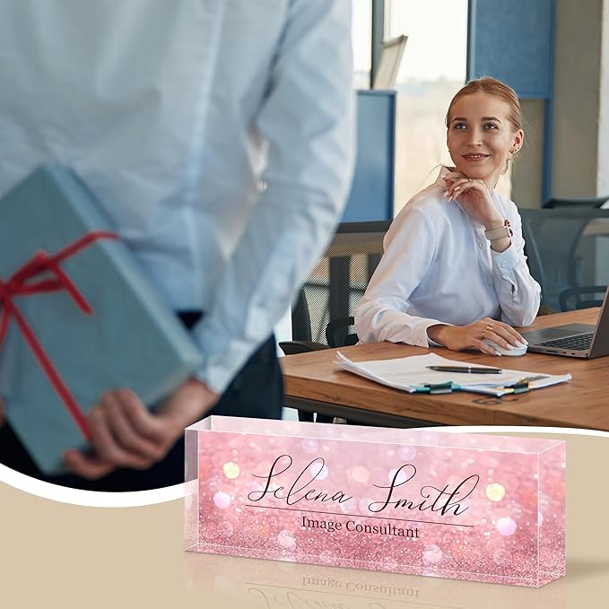 Ship Next Day Personalized Name Plate for Desk, Custom Acrylic Desk Name Sign, Office Appreciation Gifts for Women Men Coworkers Boss Teacher Employee (Pink Sequin)