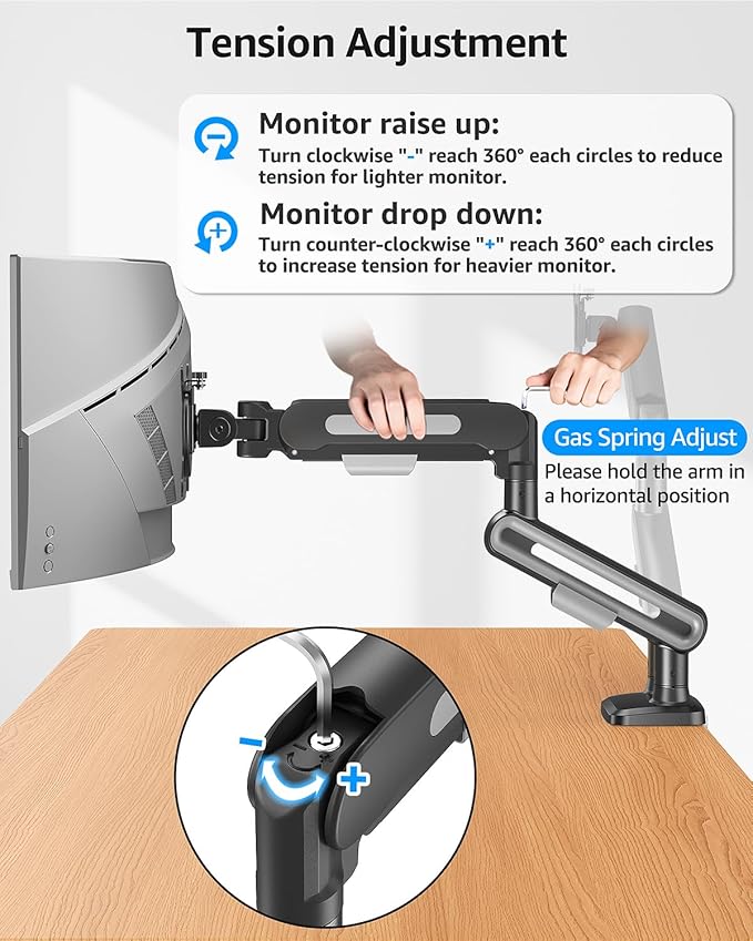 MOUNTUP Dual Monitor Mount Holds 4.4-26.5lbs, Heavy Duty Monitors Arm for 39 37 34 32 27inch, Gas Spring Monitor Stand for 2 Monitor, Height Adjustable Monitors Desk Mount with C-Clamp&Grommet Base