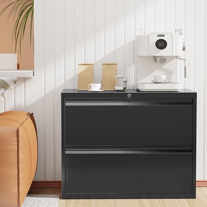 INTERGREAT Lateral File Cabinet 2 Drawer, Black Metal File Cabinets for Home Office, Locking File Cabinet for Letter/Legal/F4/A4 Size Hanging Files, Easy Assembly