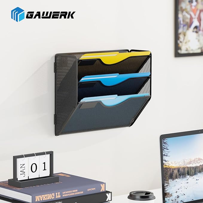 3 Tier Hanging Wall File Organizer, Mesh Mail Paper Orgnization Hanging File Folder Holder for Home Office, Black