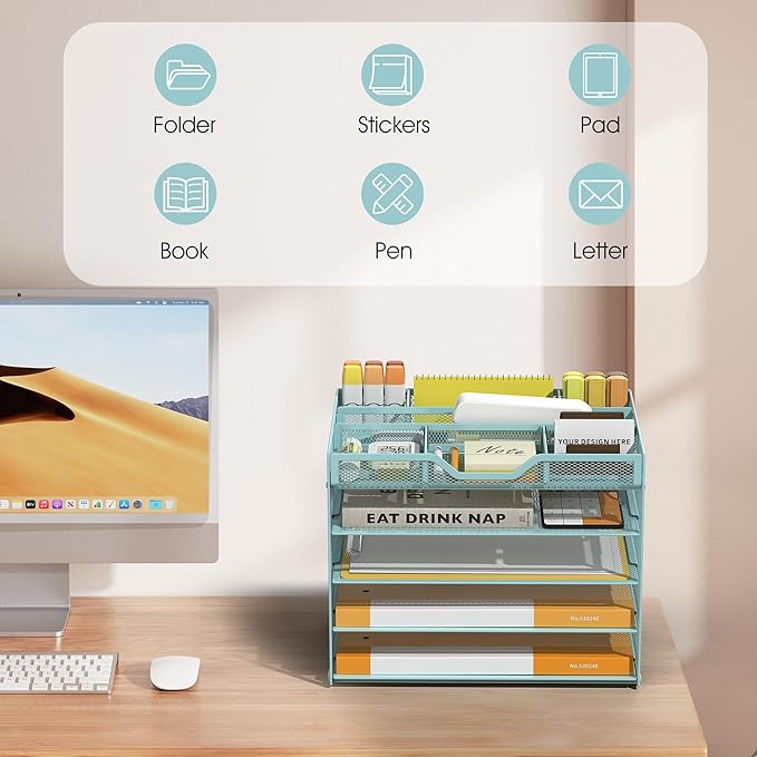 5 Tier Paper Letter Tray with 3 Drop-in Pen Holders, Mesh Desk File Organizer with Handle, Desk Organizers and Accessories for School,Home, Office Supplies Storage-Blue