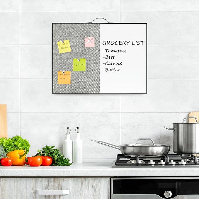 Small White Board Cork-Board Combo - 16 X 12 inches Gray Linen Board & Magnetic Dry Erase Board for Wall, Mini Bulletin Cork Board with Holder for Office, Home and School