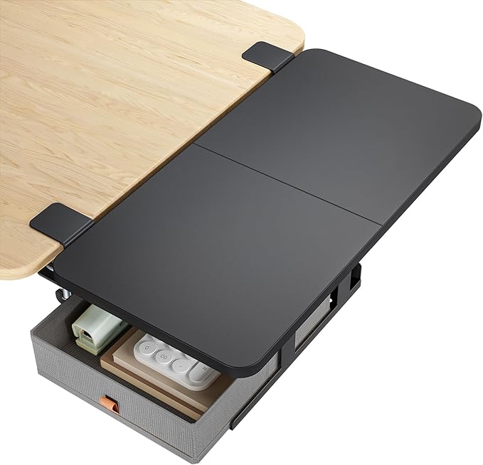 Desk Extender Tray, 24" x 12" Clamp On Desk Shelf, Desk Extension with Storage Drawer, Table Desk Arm Rest, Clamp On Keyboard Tray for Office and Home, Workstation Organizer, Medium, Black