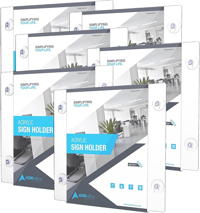 Adir Acrylic Sign Holder – Window Sign Holder with Suction Cups for Advertising and Promotion, Wall-Mount Display Frame, Clear Sign Holder Stand for Glass, Mall, Restaurants, Office - 6 Pack (8.5x11 Inch)