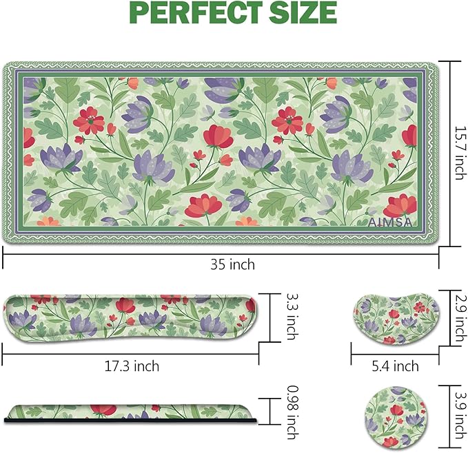 AIMSA Gaming Mouse Pad Wrist Support Set, Desk Pad +Mouse Wrist Rest +Keyboard Wrist Rest +Coaster, 4in1 Ergonomic Mouse Pad Combo for Home Office -Red Purple Flower