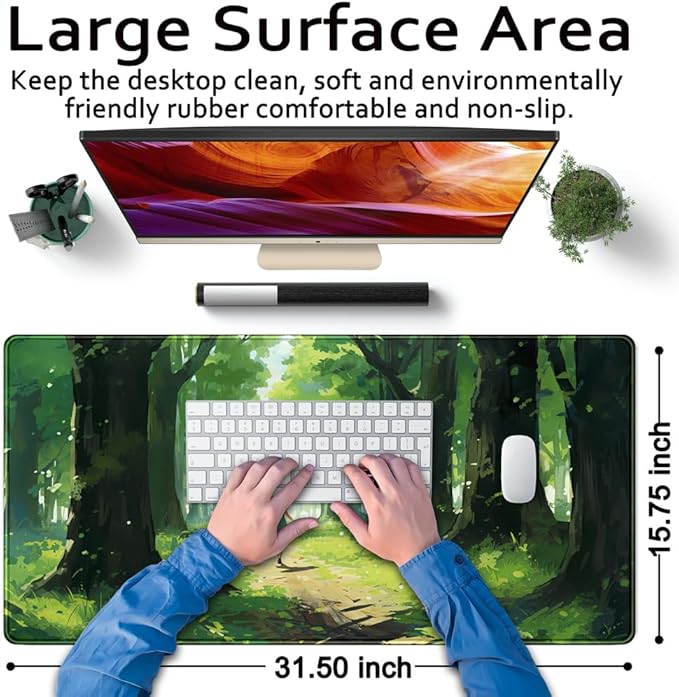 Jungle Anime Green Girl Character Desk Mat Aesthetics Oil Painting Ai Art Gaming Big Mouse Pad for Desk Office Decor for Women Large Desktop Mat Laptop Keyboard Mousepad Pad for Desk 31.5x15.8in