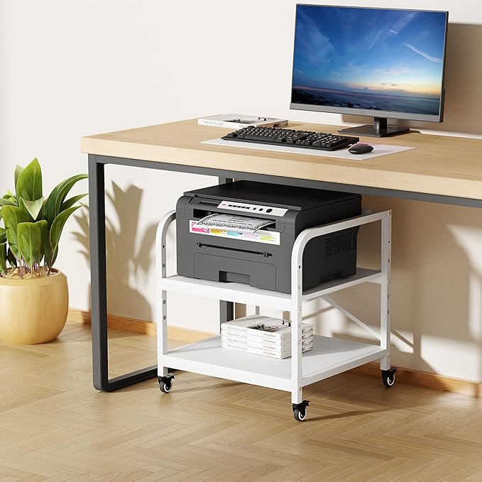 20 Inches Large Printer Stand, 2-Tier Under Desk Printer Table with Height Adjustable Shelf, Rolling Printer Cart with Industrial Wheels for Home Office (White)