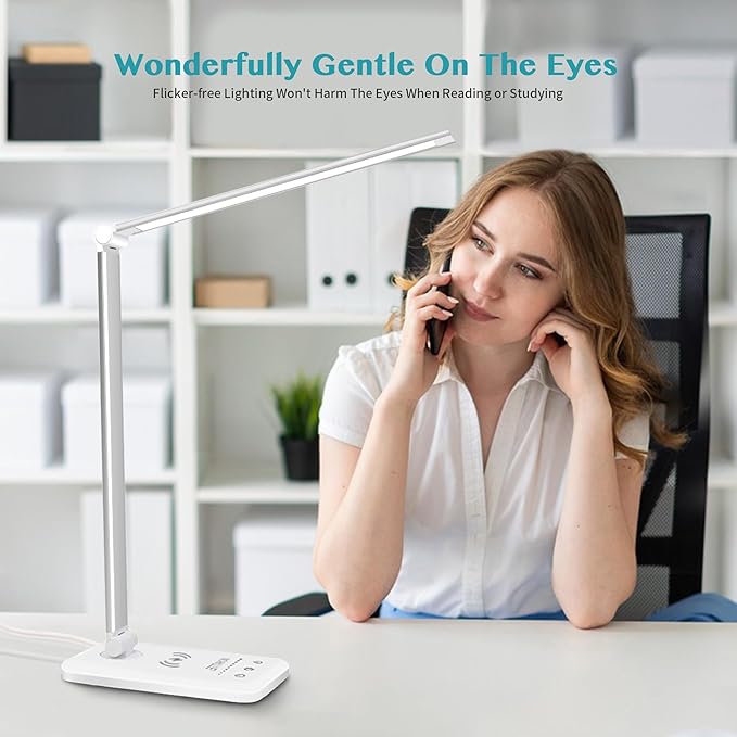 LED Desk Lamp with USB Charging Port, Dimmable Eye-Caring Table Lamps with Wireless Charger, 5 Brightness Levels & 5 Lighting Modes, Touch Control, Auto Timer