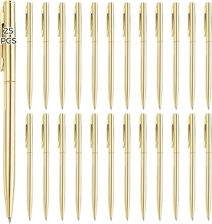 25 Pcs Gold Pens Bulk, Metal Ballpoint Pen, Retractable Black Ink 1mm Medium Point Smooth Writing Pens, Stylish Writing Pen Set with Clips for for Business Office Teachers Weddings and Parties