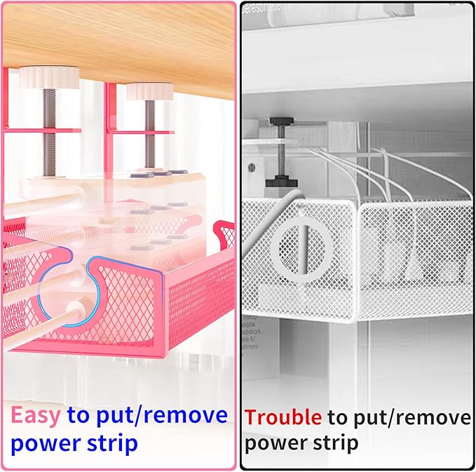 Under Desk Cable Management Tray Black, No Drill Desk Cable Wire Management Organizer with Clamp, PC Cord Organizer Accessories & Workspace for Office, Home๏ผPink๏ผ