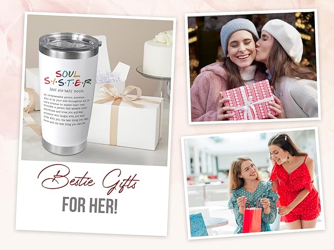TEEZWONDER Christmas Friendship Gifts for Women - Soul Sister Stainless Steel Insulated Tumbler with Lid 20 oz - Inspirational Birthday Gifts for Friendship Women Friend BFF Work Bestie Coworkers
