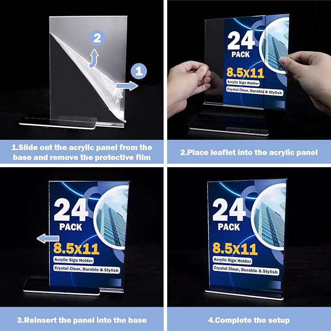 Acrylic Sign Holder 8.5 x 11, 24 Pack Clear Double-Sided Acrylic Display Stand for Vertical Tabletop Use, Perfect for Menus, Flyers, and Paper in Restaurants, Hotels, Office