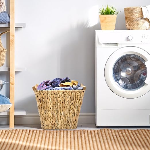 Wicker Waste Basket, Water Hyacinth Trash Can with Wooden Handles, Boho Handwoven Storage Container, Rustic Bathroom Garbage Bin, Decorative Magazine Holder for Home, Bedroom, Laundry, Office