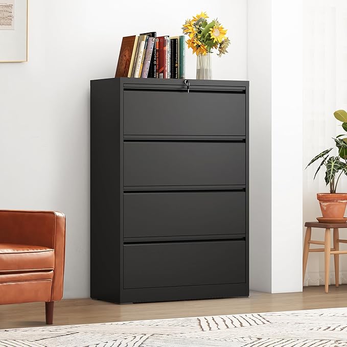4-Drawer Lateral File Cabinet with Lock, Black Metal Filing Cabinet for Office or Home – Secure Storage for Letter/Legal/A4/F4 Documents, Easy to Assemble Locking File Organizer (Black, 4 Drawer-52"H)
