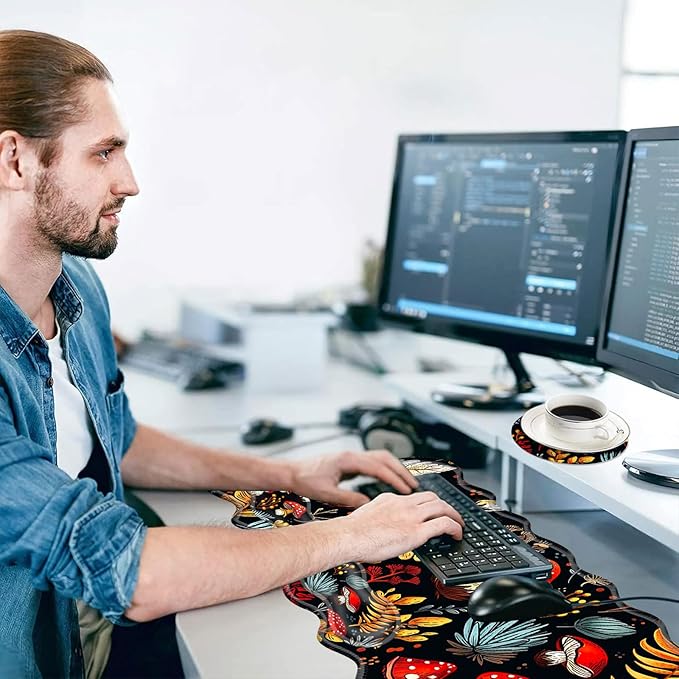 Large Mouse Pad and Keyboard Wrist Rest, Desk Pad for Keyboard and Mouse, 4-in-1 Large Gaming Mouse Pad with Wrist Support, Desk Mat for Home Office Study Game-Vibrant Mushroom and Plant