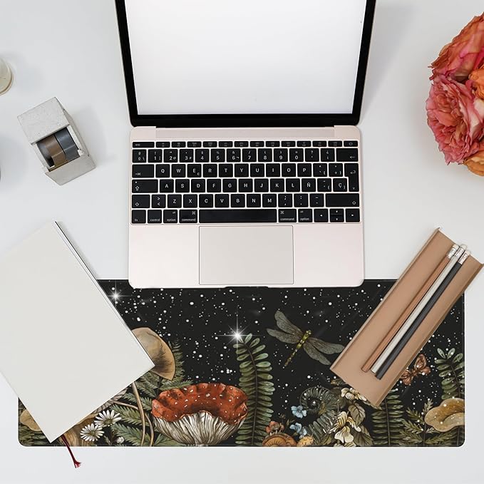 Large Gaming Mouse Pad for Desk,Cute Forest Mushroom Desk Mat,Starry Night Mushroom Desk Pad,Extended Big Computer Keyboard Mouse Pad with Non-Slip Base and Stitched Edge,31.5"x11.8"
