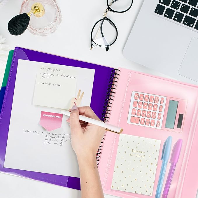 Binditek 12-Pocket Poly Project Organizer, Heavy-Duty Poly Cover, Clear Front Pocket, 6-Color Dividers with 1/3-Cut Tabs, Fixed Zipper Pouch, Letter-Size, Pink