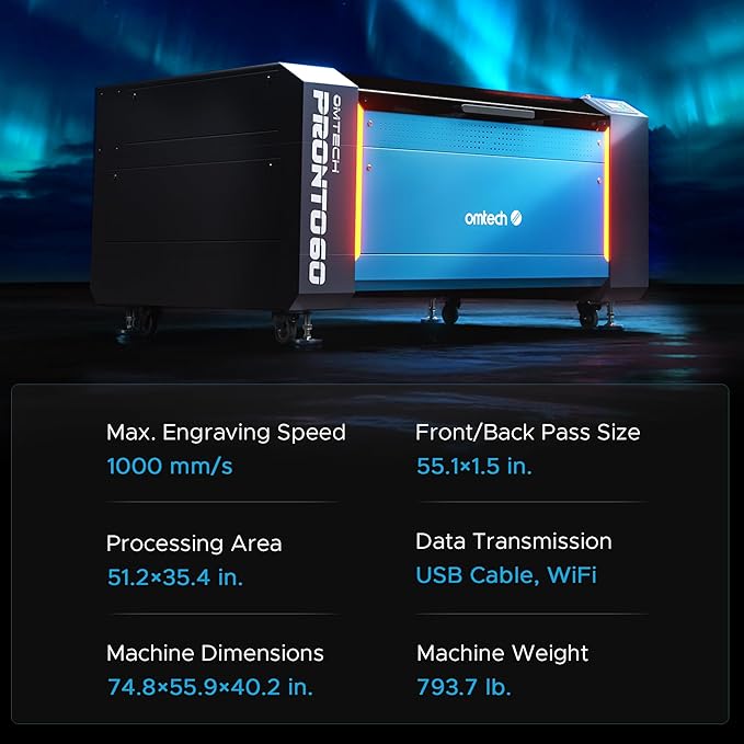 OMTech Pronto 130W CO2 Laser Engraver & Cutter – 51"x35" Workspace, 1,000mm/s Speed, Autofocus, 2-Way Pass, Air Assist, for Wood, Acrylic & More