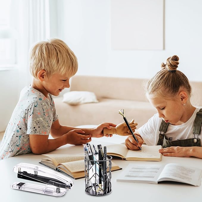 Black Desk Organizers and Accessories Office Supplies Set Stapler, Pen Holder, Phone Holder, Scissors, Pen, Ruler, 30 Paper Clips, 22 Binder Clip, 20 Tacks and 1000pcs Staples