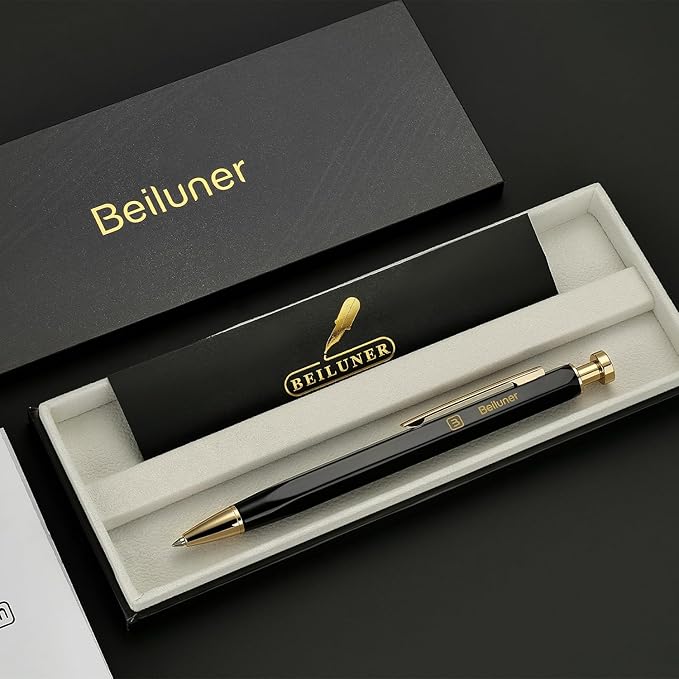 BEILUNER 312 Metal Gel Pen 0.5mm, Hexagonal Design, Black Piano Lacquer with 24K Gold Plated Accents, Includes One Refill, Professional Gel Pen Gift Box Set