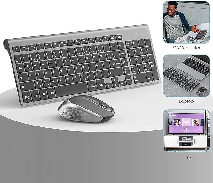 Wireless Keyboard Mouse Combo, J JOYACCESS 2.4G Ergonomic Computer Keyboard,Ergonomic Wireless Mouse for PC,Windows, Laptop, Desktop, Chromebook,Mac-Grey