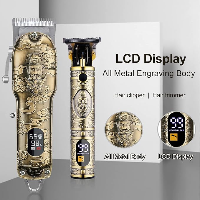 Soonsell Hair Clippers for Men T-Blade Trimmer Set,Man Professional Cordless Barber Clippers Set ,Blade Close Cutting Beard Trimmer ,LCD Display(Gold)