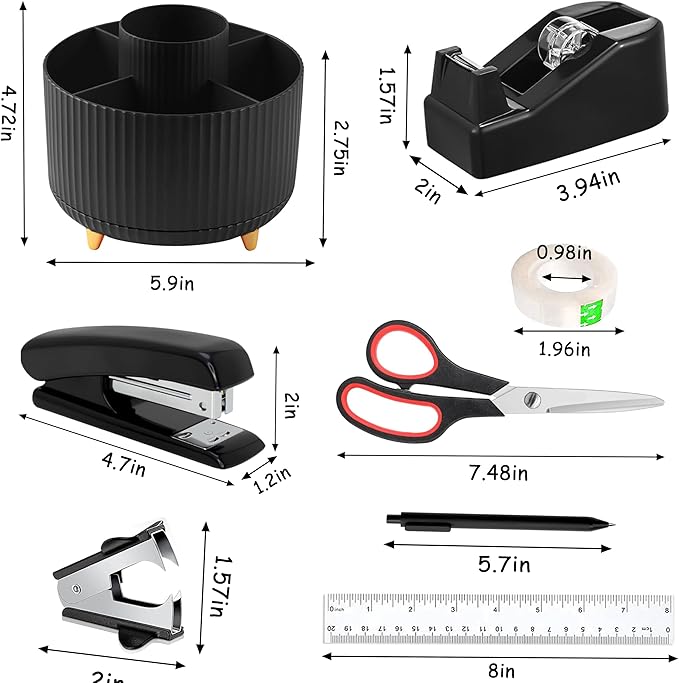 Office Desk Accessories, Black Office Supplies 360°Pen Holder Desk Organizers And Accessories with Tape Dispenser, Stapler, Staple Remover, 1000 Staples, Tape, Clips Set, Ruler, Scissor, Pen