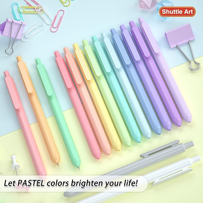 Shuttle Art Retractable Pastel Gel Ink Pens, 15 Pack Black Ink Pens, Cute Pens 0.5mm Fine Point for Writing Journaling Taking Notes School Office Home