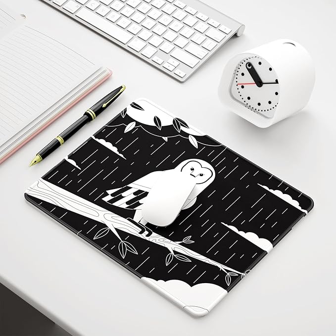 Auhoahsil Mouse Pad, 12 x 10 in Owl Theme Computer Mouse Pad for Desk, Premium-Textured Non-Slip Rubber Stitched Edges Waterproof Square Mouse Mat for Gaming Work Wireless Mice, Simple Black White