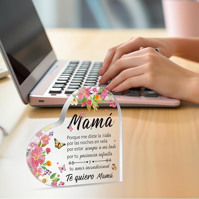 Yopyame Gifts for Mom Birthday - Regalos para Mamá Acrylic Gifts Spanish Mom Acrylic Heart Keepsake Paperweight from Daughter Son Mother's Day Birthday Christmas Valentines Acrylic Sign Plaque for Mom