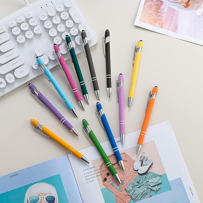 PASISIBICK 8 Pieces Ballpoint Pens 2-in-1 Stylus Retractable Metal Stylus Pen for Touch Screens with Stylus tip, 1.0 mm Black Ink (8 Pastel Colors)