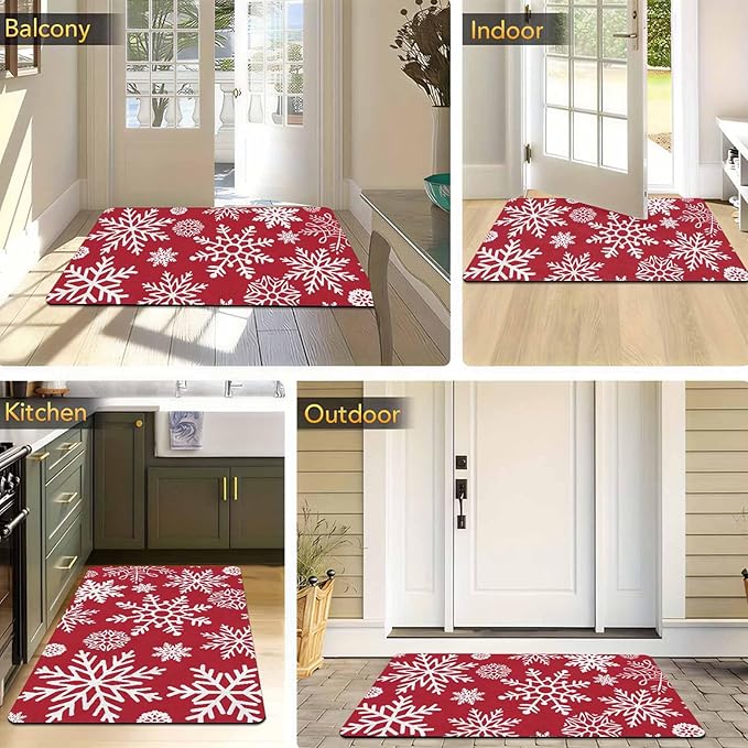 InterestPrint Christmas Red Door Mat Xmas Snowflakes Doormat Washable Floor Mats Outdoor Indoor Non-Skid Area Rug Entry Doormat for Bedroom Living Room Kitchen Nursery, 18" x 30"Inch