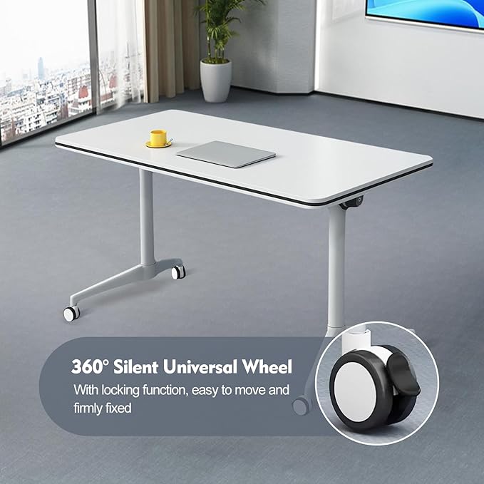 Folding Conference Room Table, Modern Mobile Training Table with Wheels, White Foldable Seminar Meeting Tables for Office Corporations (2pack 55.1in)