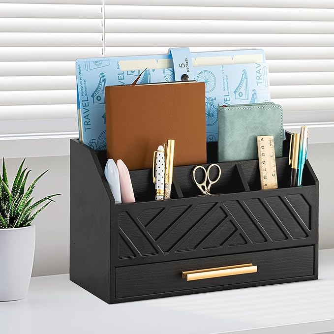 Black Wood Desk Organizer and Accessories with Drawer, Bill Mail Organizer and File Mail Holder for Office Supplies, Modern Desk Accessories & Workspace Organizers for Desk Organization