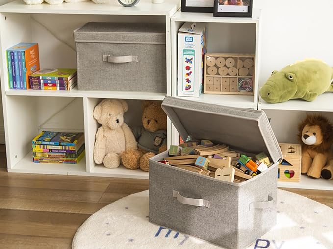 StorageWorks Fabric Storage Bins with Lid, Decorative Storage Boxes for Shelves, Stackable Closet Organizer Basket with Handles, Large, Gray, 2-Pack