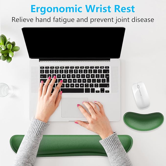 Dapesuom Enlarge Keyboard Wrist Rest, Memory Foam Wrist Cushion for Desk Mats Support, Cute Typing Pain Relief Keyboard Mouse Pad Rests Set with Non-Slip Base for Gaming Laptop Office, Forest Green