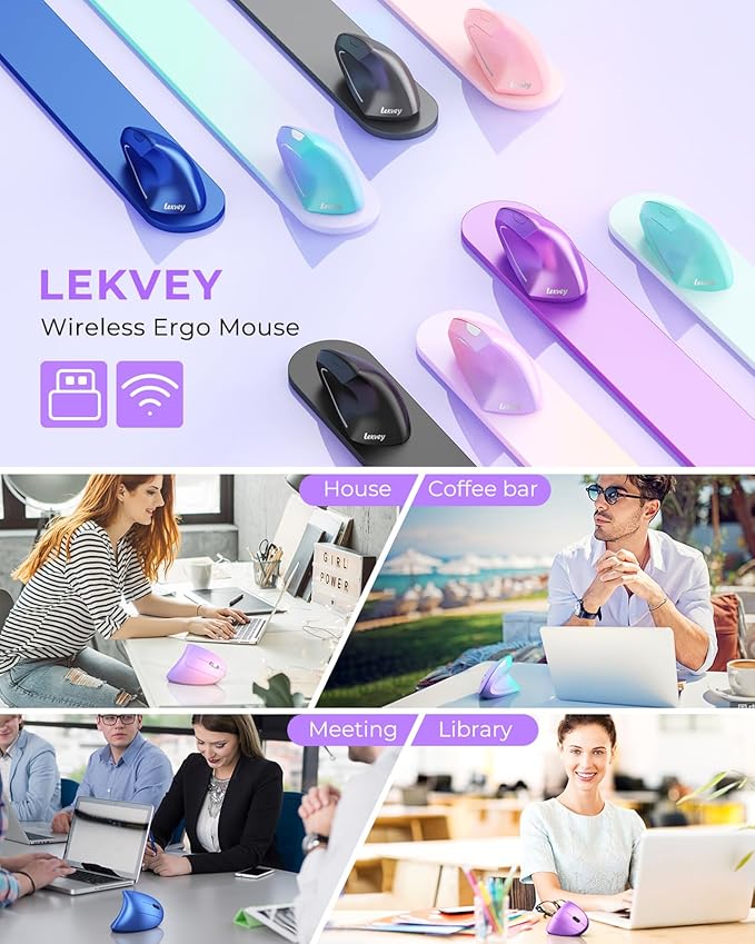 Lekvey Ergonomic Mouse, Vertical Wireless Mouse, Rechargeable 2.4G Optical Carpal Tunnel Mice with USB Receiver: 1000/1200 / 1600 DPI, 6 Buttons, for Laptop, Computer, PC, Desktop, Light Purple