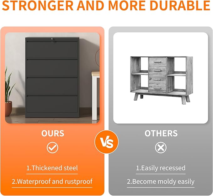 Locking File Cabinet with 4 Drawer Heavy Duty Large Metal Filing Cabinet Home Office Lateral File Cabinets Wide Steel Cabinets for Legal/Letter Size,Assembly Required