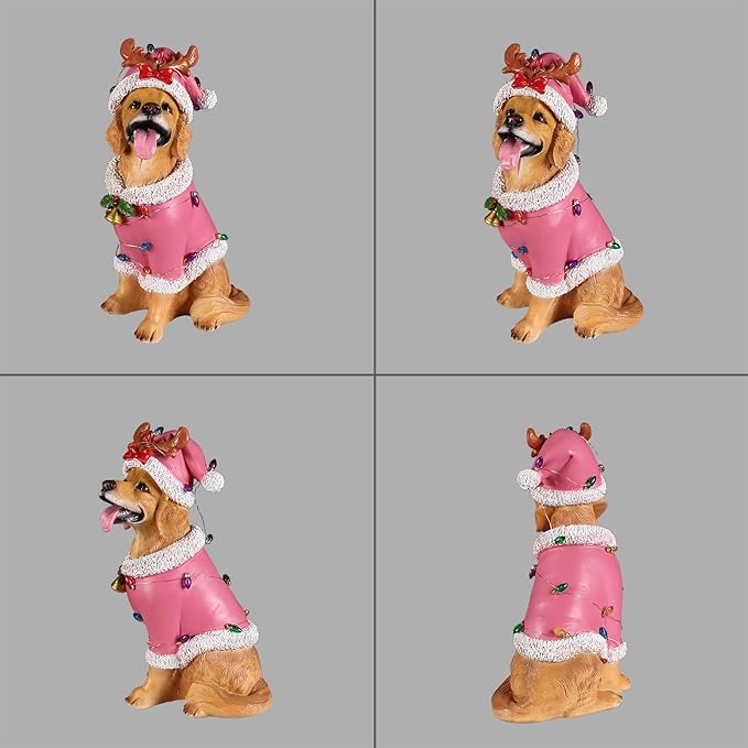 Christmas Outdoor Decoration Dog Statue, LED Light Cute Golden Retriever Dog Sculpture with Pink Santa Outfit & Lights for Garden and Yard, Indoor Holiday Décor Gift for mom and dad