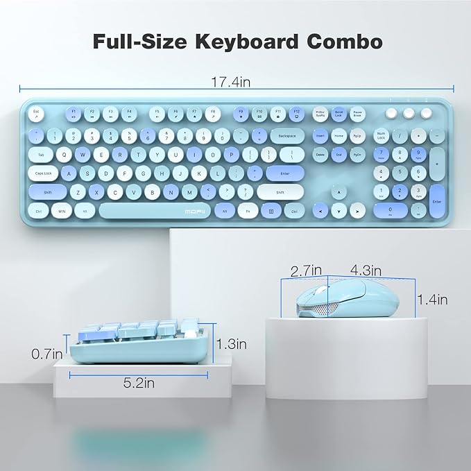 MOFII Wireless Keyboard and Mouse Set, Retro Full Size Typewriter Keyboard with Number Pad and Sport Car Mouse for PC Computer Desktop Laptop Windows (Blue Colorful)
