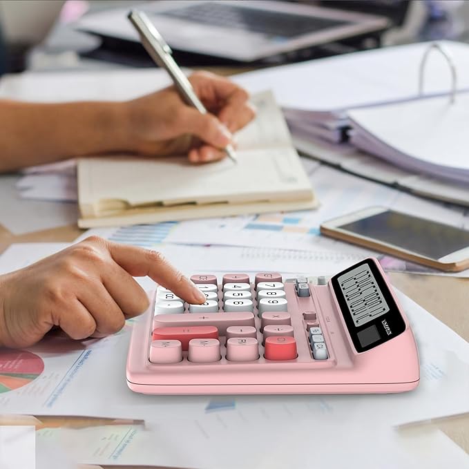 Desktop Calculator with Extra Large 5-Inch LCD Display, 12-Digit Two Way Power Solar & Battery Office Calculator with Big Buttons for Business, Accounting & Home Use(Pink)