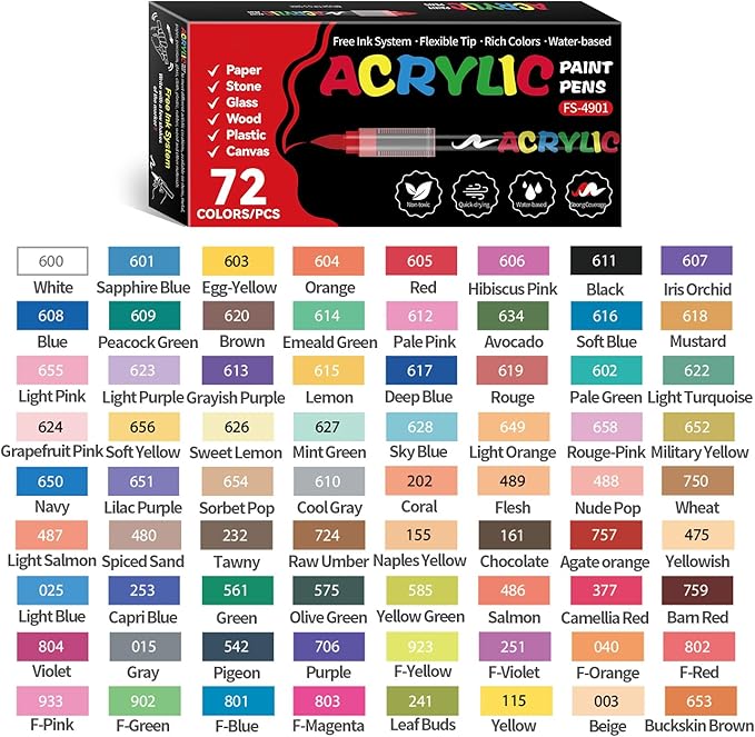 72 Colors Acrylic Paint Markers, Soft Brush Tip Acrylic Markers Set, Paint Pens for Wood, Fabric, Canvas, Glass, Stone, Canvas, Rock Painting and DIY Crafts Art Supplies