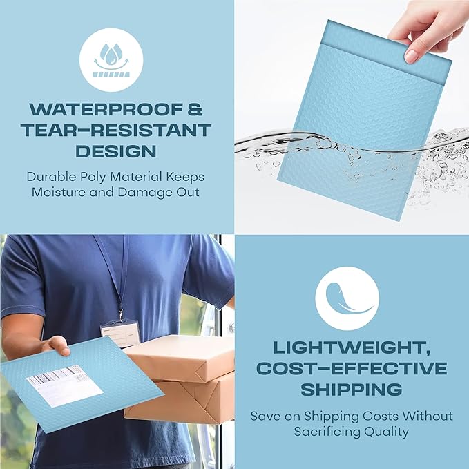 Light Blue Poly Bubble Mailers 8.5x12 inch #2 | Self Seal Padded Envelopes | Cushioned Bubble Mailer | Usable Size 8.5x11 | Water Proof | Lightweight mailing Shipping Bags | 200 Pack Bulk