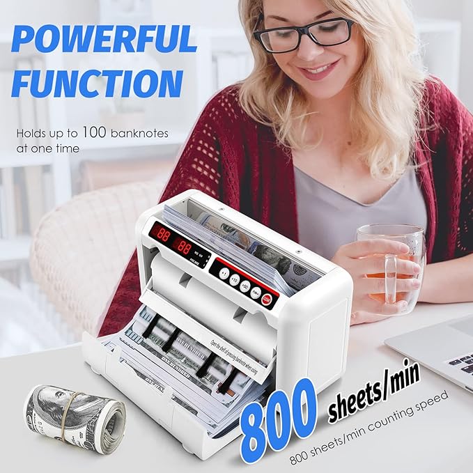 Battery Operated Bill Counter Machine, Portable Rechargeable Money Counter with UV MG Detection, 800pcs/min Counting Speed, Take Anywhere with A Backpack for Multi-Currency Or Tickets