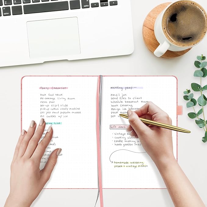 &And Per Se Dotted Journal Notebook for Women&Men with Pattern, A5 Leather Hardcover, 160 Pages 100GSM Thick Dotted Paper, 3 Sheets of Stickers Included(Peach Pink)