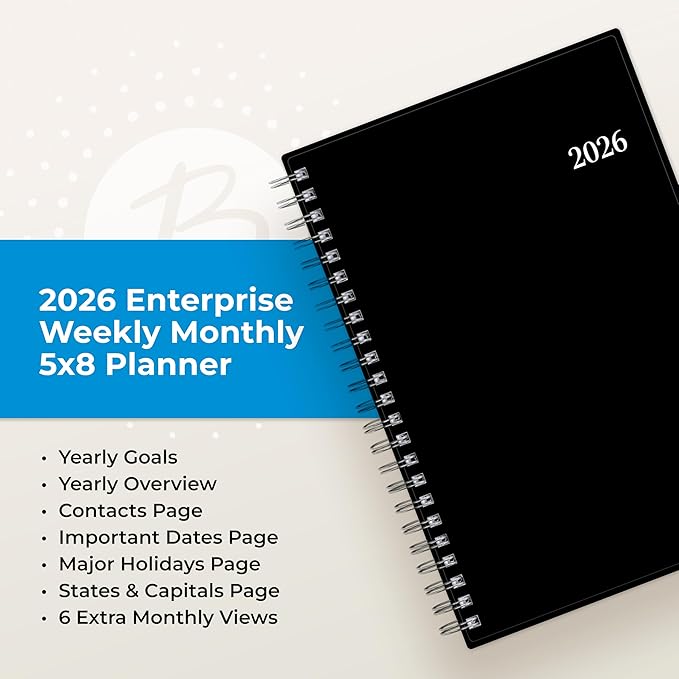 Blue Sky 2026 Weekly and Monthly Planner Calendar, Includes January 2026 - December 2026, 5" x 8", Flexible Cover, Wirebound, Laminated Tabs, Enterprise